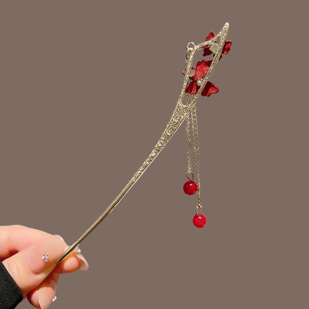 Red Butterfly Tassel Hair Stick with Velvet Flower Bead Detail Carved Pattern Retro Hanfu Style Women's Elegant Hair Accesso