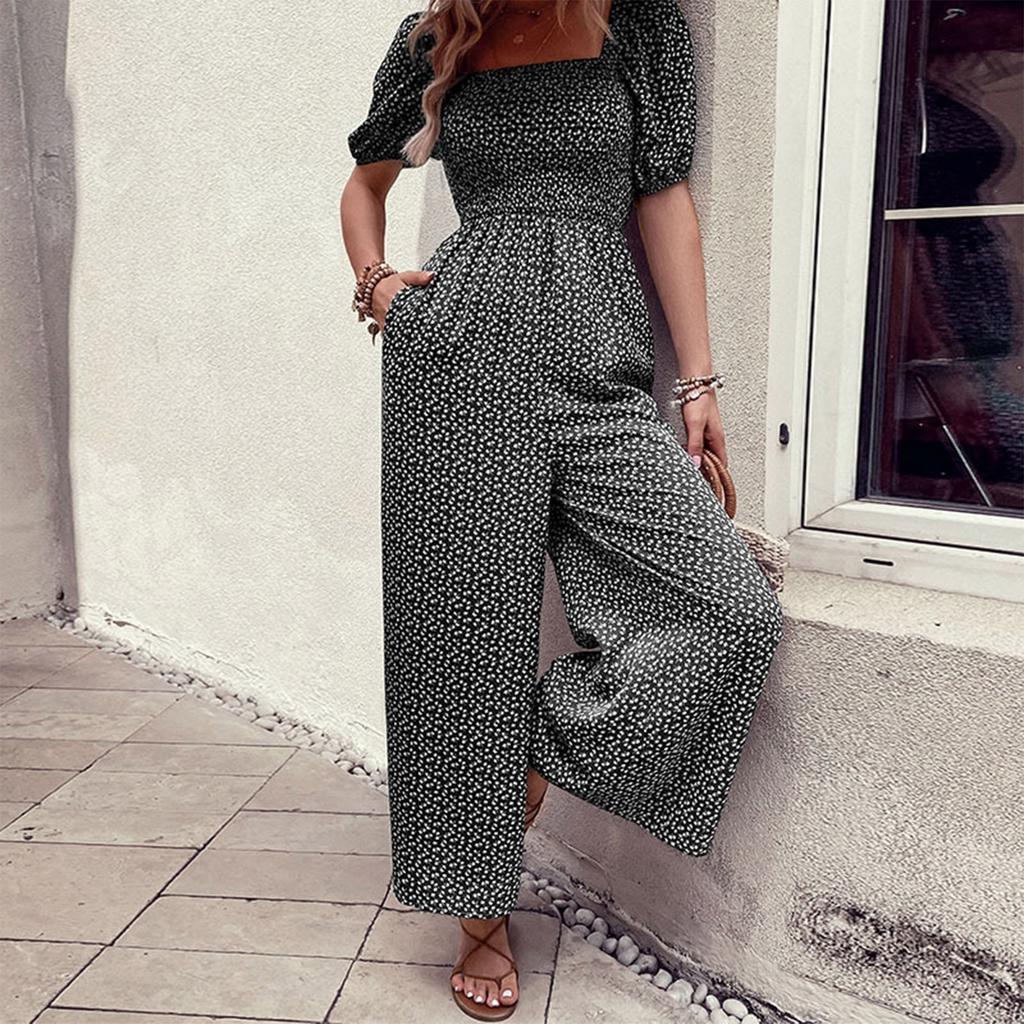 Women's Square Neck Puff Sleeve Wide Leg Printed Jumpsuit