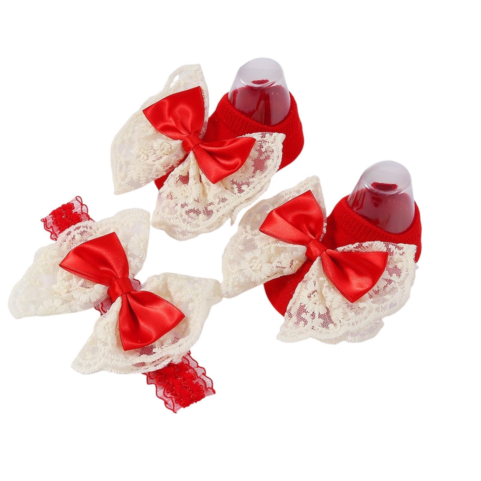 

Baby Knitted Breathable Lace Bow Floor Socks + Hairband Color Matching Set One Size красный