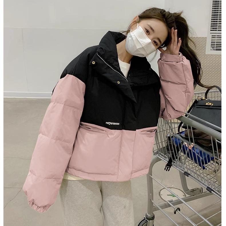 

Women s Short Color-Block Down Jacket: 2023 College Style Stand-Up Collar Winter Coat XL розовый