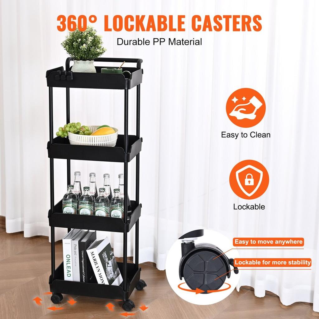 4-Tier Rolling Utility Cart, Kitchen Cart with Lockable Wheels, Multi-Functional Storage Trolley with Handle for Office, Living Room, Kitchen, Movable