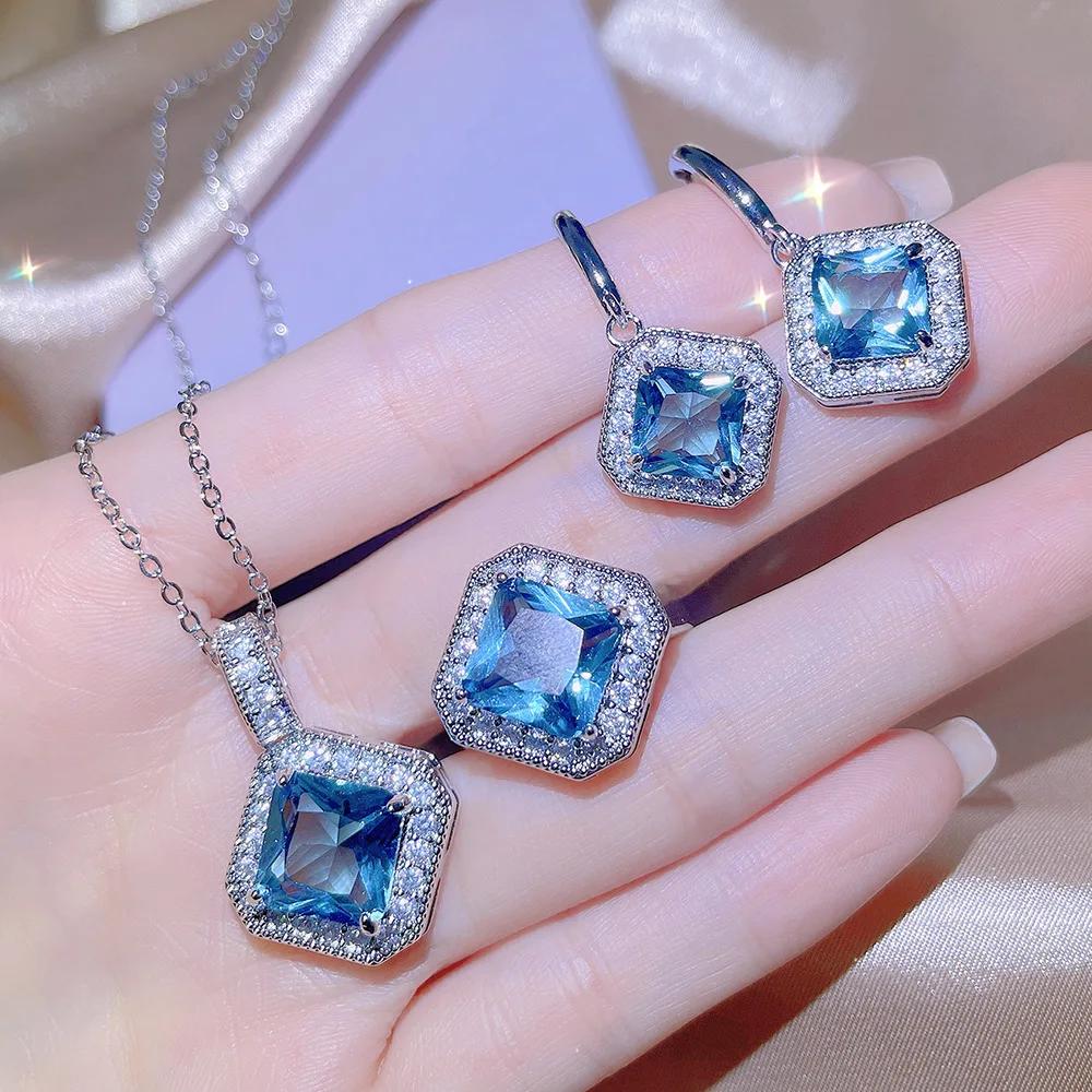 Fashion Square Sapphire Set Pendants Earrings Ring Sterling Silver Sets Fashion Bridal Decoration Colorful Gifts