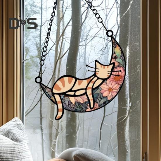 Cat Sleeping On Moon Hanging Decoration Living Room Wall Window Hanging Stained Glass Cartoon Kitten Suncatcher Colorful Acrylic Ornament Pendant