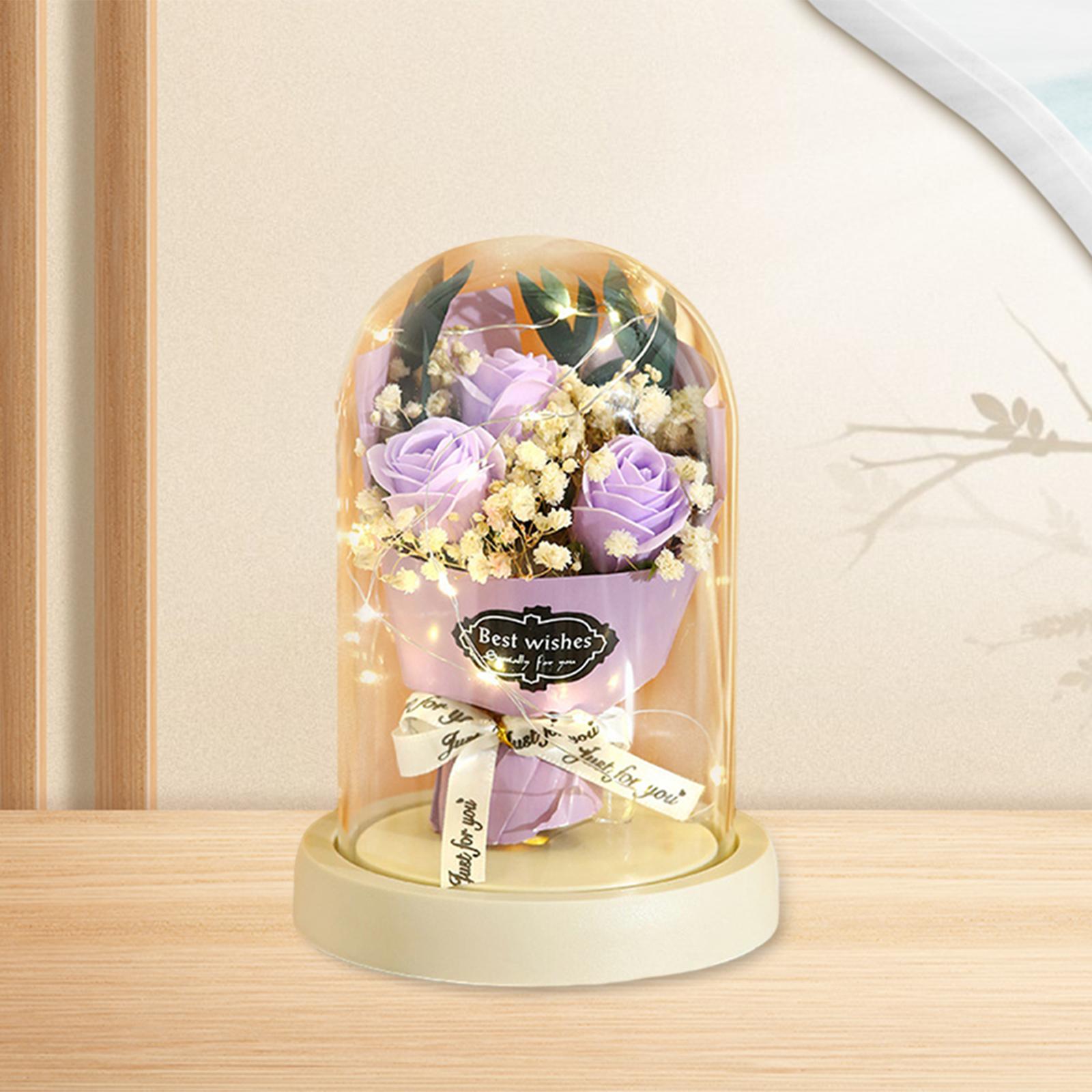 Soap Flower Bouquets Light up Flower Glass Dome for Mother s Day Wedding фиолетовый