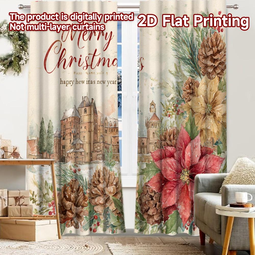 

2pcs, 2D FLAT PRINTING Curtains (Without Rod) WinterCastleJoy Christmas holiday curtains with digital printing Polyester 52.50 × 116.00 cm 2 pcs