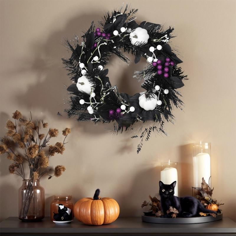 Halloween Door Wreath Gothic Garlands White Pumpkins Front Door Wreath for Indoor Outdoor Holiday Party Decoration