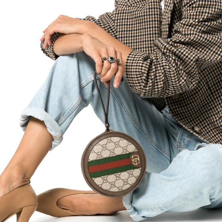 Gucci GG Supreme Canvas Round Coin Purse, Brown Leather Trim Web Stripe, Women's Wristlet Pouch for Daily Travel 574841-96IWG-8745