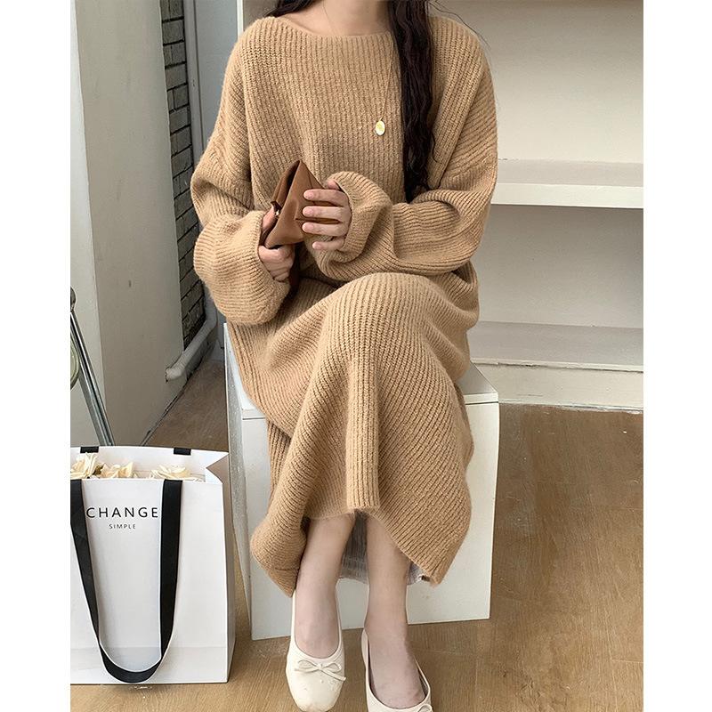 Solid Color Sweater Skirt Women's Loose Large Version, Thin and Lazy Temperament Large Size Knee-length Crew Neck Knitted Dress