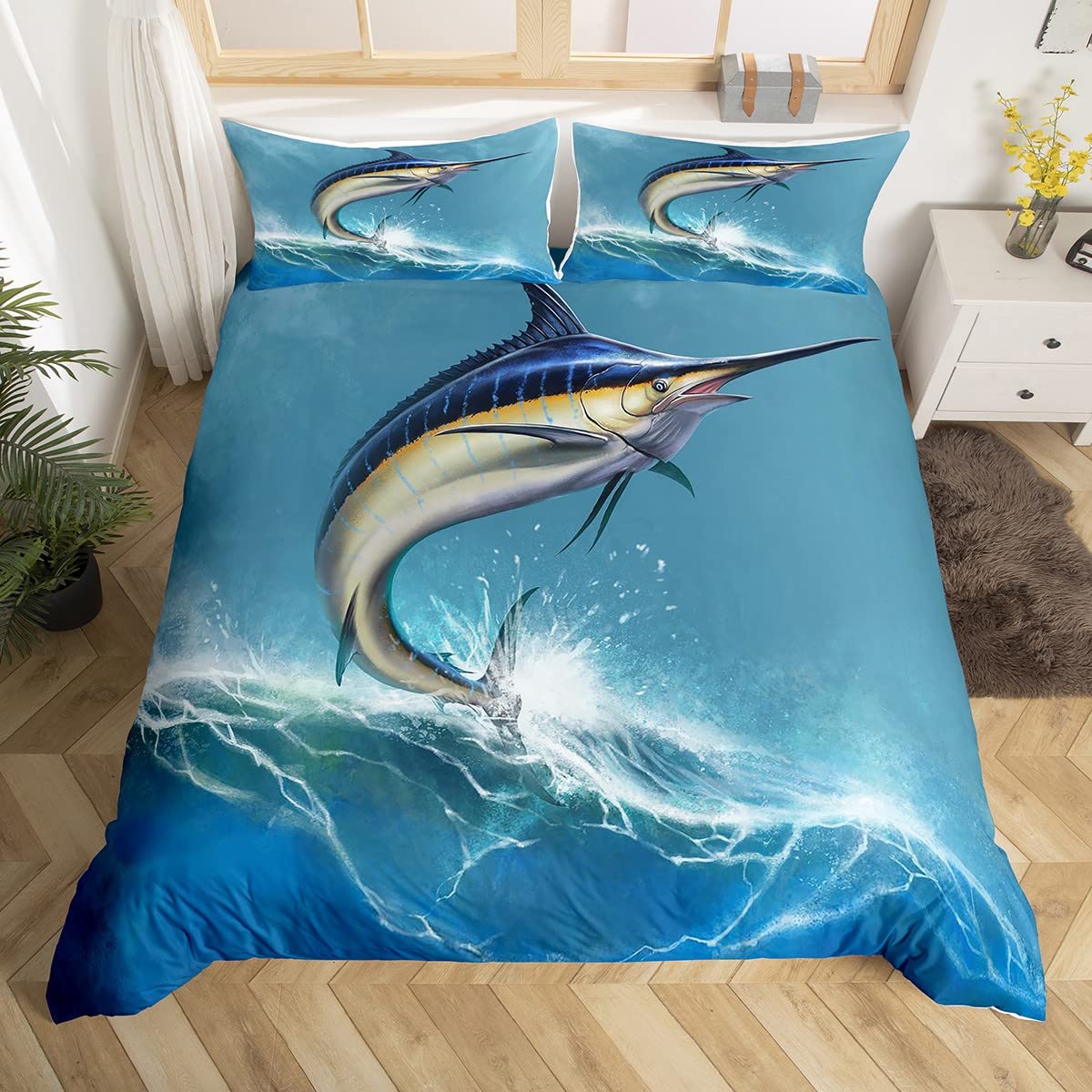 Kids Shark Duvet Cover Deep Ocean Themed Sea Animal Bedding Set Twin King Size Big Fish Comforter Cover EU single(135x200cm)