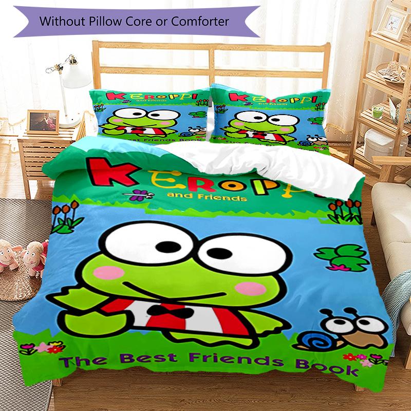 3pcs Sanrio KEROKERO KEROPPI1 Design Cover Set - HD Printed Bedding with 1 Cover and 2 Pillowcases - Perfect for Home and Dorm Decor