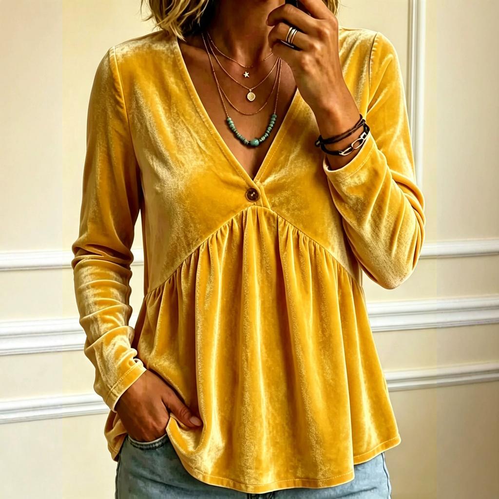 Women's Casual Color V-Neck Long Sleeve Loose Fit Pullover Top for Everyday Wear
