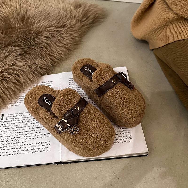 Women s Baotou Plush Slippers Padded Warm Winter Thick Bottom Heightened Home Slippers Casual Walking Indoor Shoes Snow Cotton Slippers 35 коричневый 5330₽
