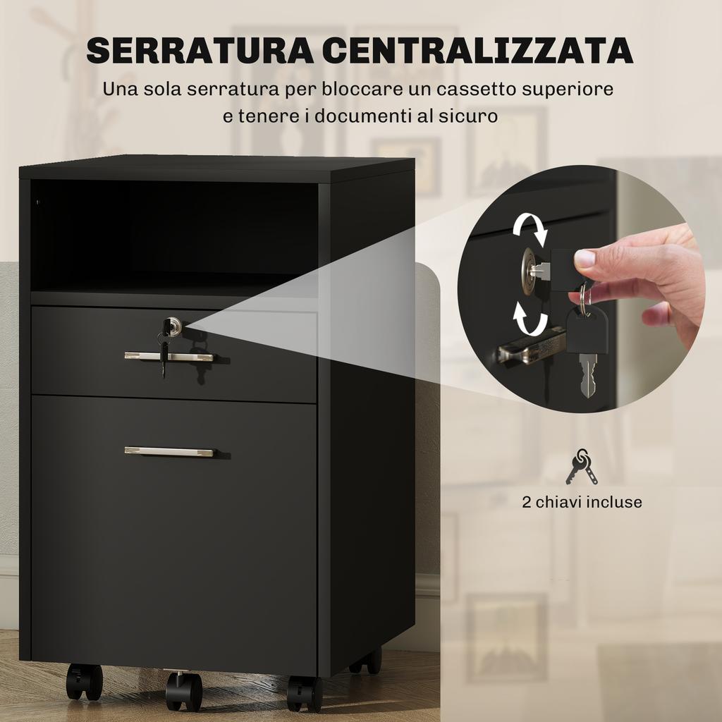 Lockable Two-Drawer Filing Cabinet, with Wheels - Black
