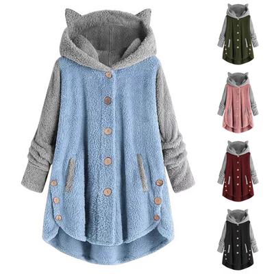 Womens Fashion Button Hooded Cat Ears Plush Irregular Color Matching Pocket Coat