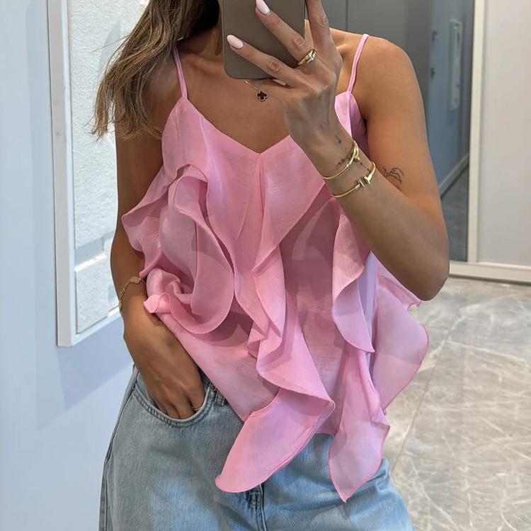 Summer women's clothing design ruffle edge sling vest new simple fashion casual versatile V-neck top