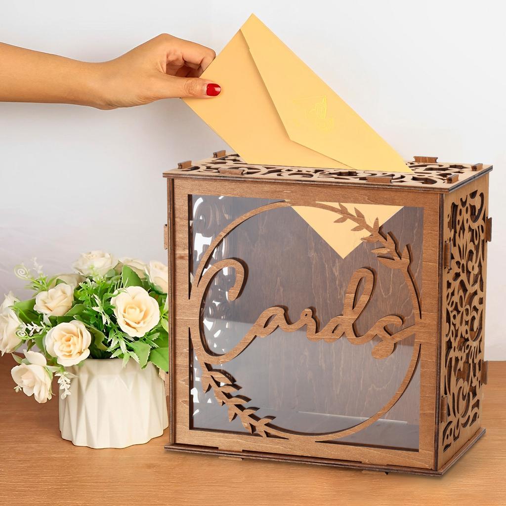 Wedding Card Box Wooden Transparent Window Gift Card Envelope Money Box for Wedding Birthday Party Anniversary Graduation