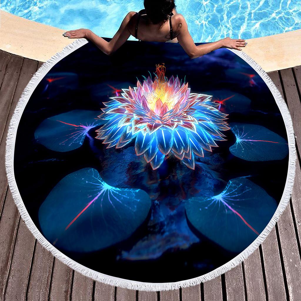 Lotus Pattern Round Beach Blanket, Microfiber Quick Dry Towel with Tassels for Picnic Bathroom Pool Surfing Outdoor Meditation