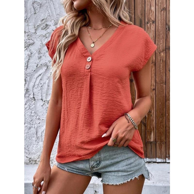 QICED Women's Fashion Casual Solid Color Print Short Sleeve V Neck Blouses & Shirts