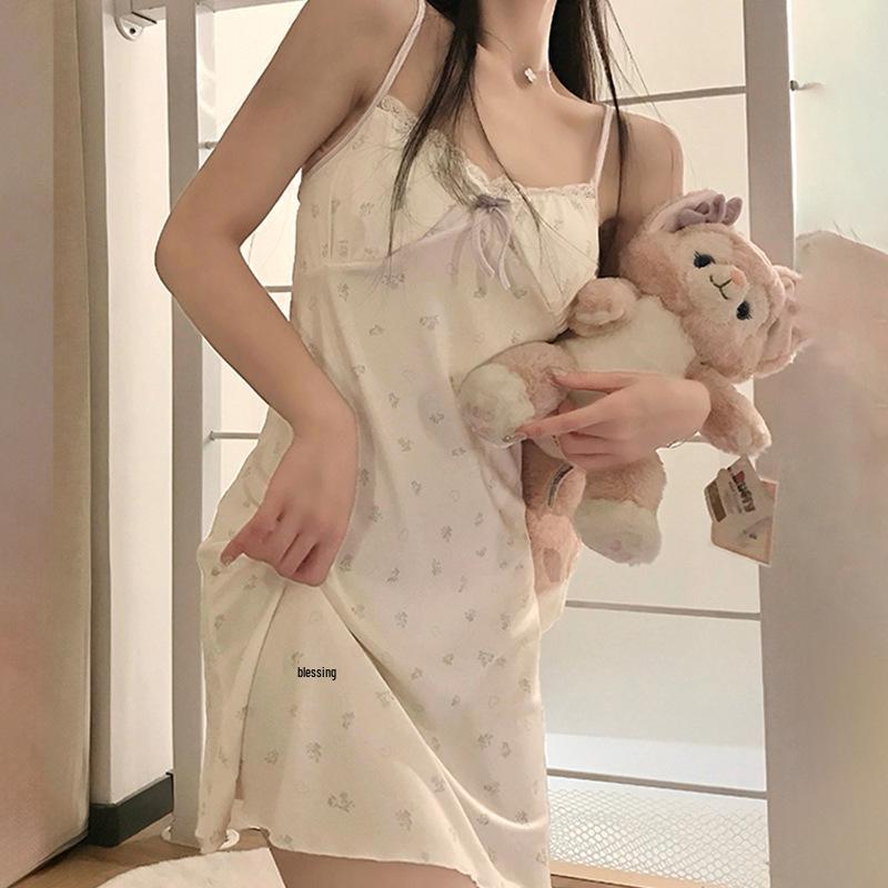 2026 Elegant Women s Silk Nightgown: Sexy Ribbed Print with Chest Pads & Spaghetti Straps One Size (80-120cm)