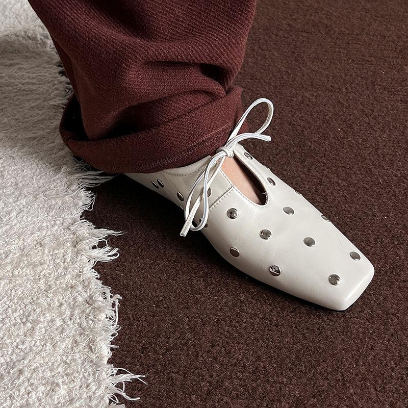 Fashion Size 34-40 Women Casual Loafers Genuine Leather Rivet Flats Shoes Thick Low Heels for Spring 2025 New Slip on Office Daily Dress