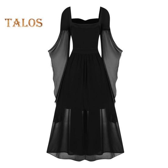 Vinatge Damenkleid, unregelmäßige Hornärmel, einfarbig, A-Linie, großer Saum, schmale Taille, plissierter Schnürriemen, mittelalterliche Halloween-Party, Cosplay-Kostümparty