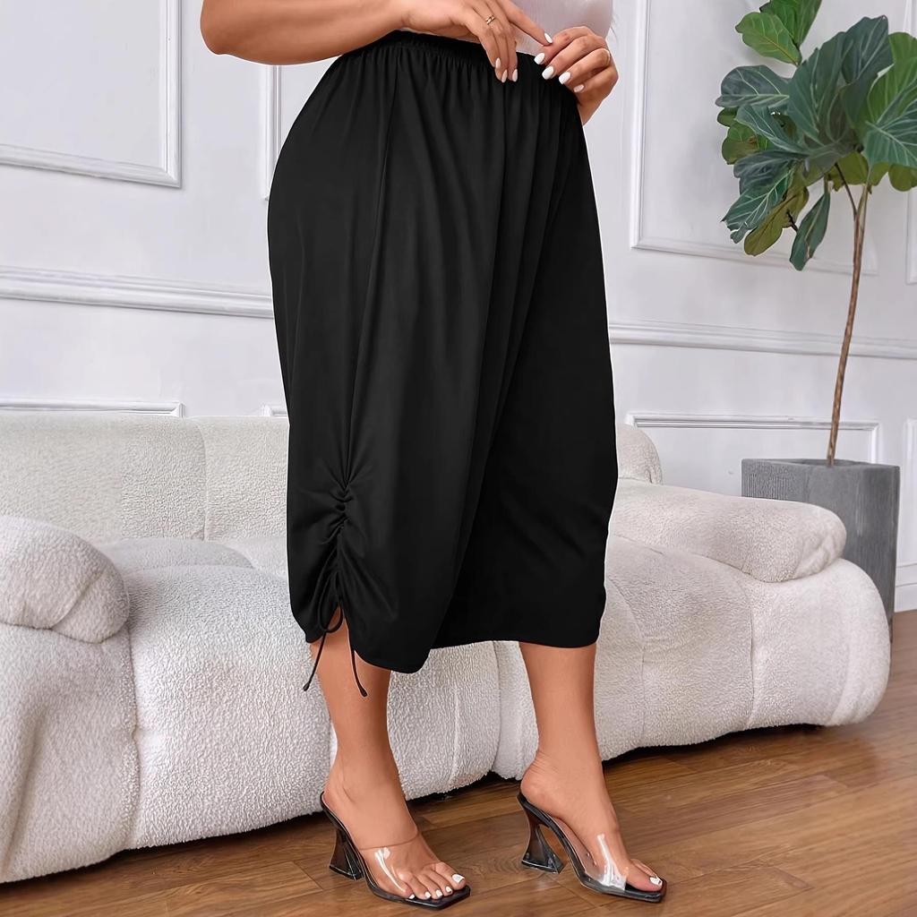 Plus Size Women's Elastic Waist Tie-Waist Pleated Mid-Length Wide-Leg Pants