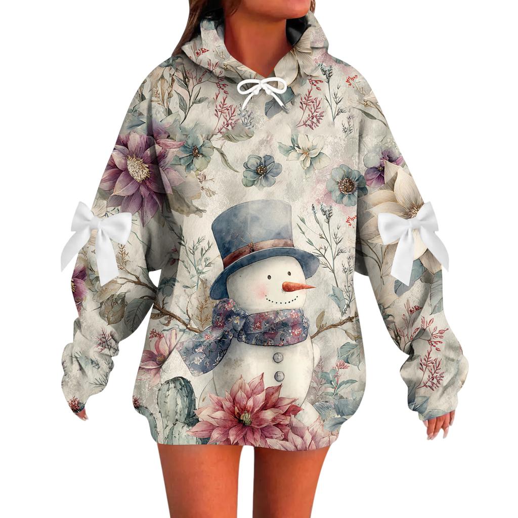 Ladies' Christmas Printed Bow Long Sleeved Loose Fitting Headband With Rope Hooded Sweatshirt Top