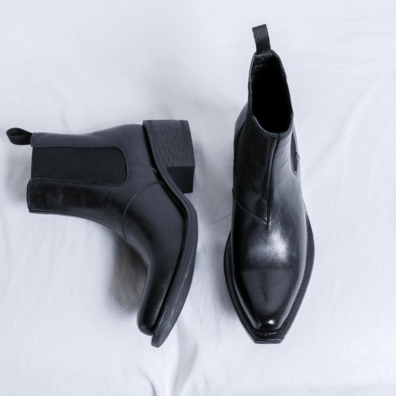 Men's Boots Classic Black Chelsea Boots Luxury Pointed Leather Booties Thick Heel Business Dress Boots for Men Botas Para Hombre