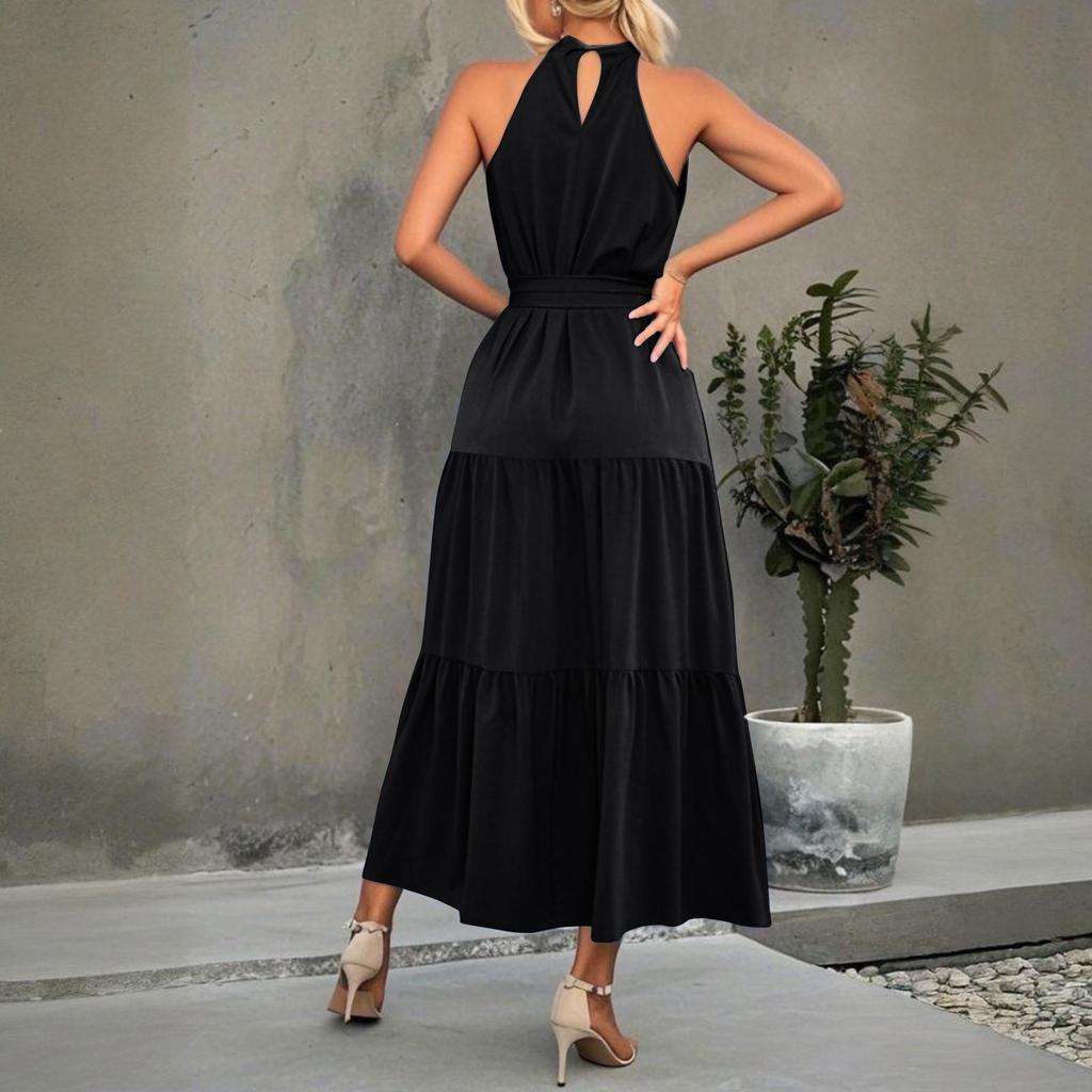 Women's Sundress Sleeveless Flowy Hem Boho Skirt With Belt