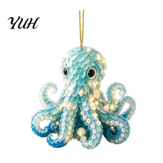 Acrylic Christmas Tree Ornaments Blue Glass House Hanging Ornament, Double Side Special Animal Theme Printed Decor Pendant, Festive Holiday