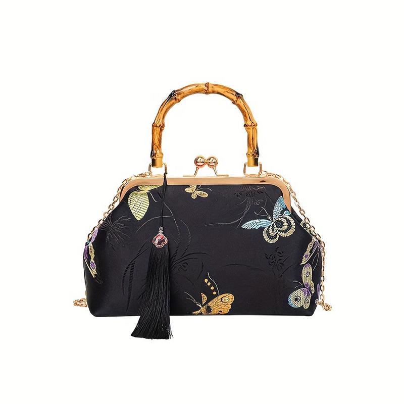 Luxury Silk Embroidered Handbag, Retro Palace Style Bamboo Handle Shell Bag, Ladies High-end Chinese Literary Dinner Clutch Bag