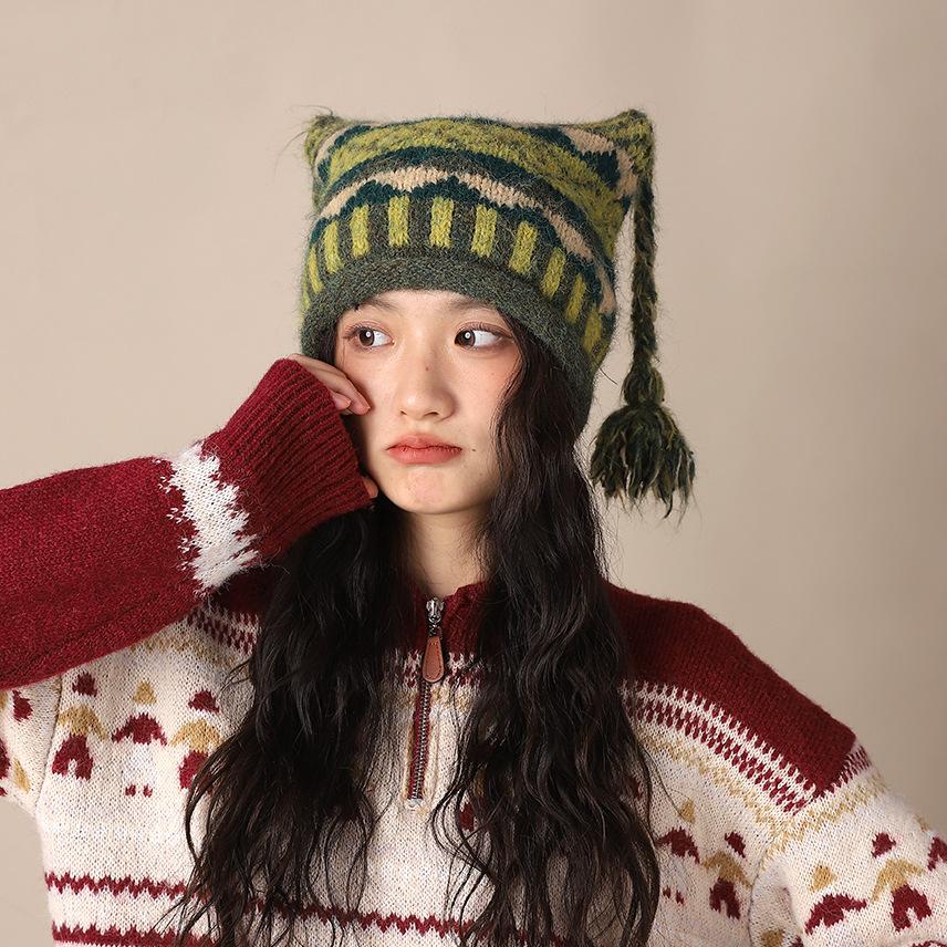 Japanese soft girl cute cat ears wool hat autumn and winter little devil hat ear protection warm concave knitted hat tide