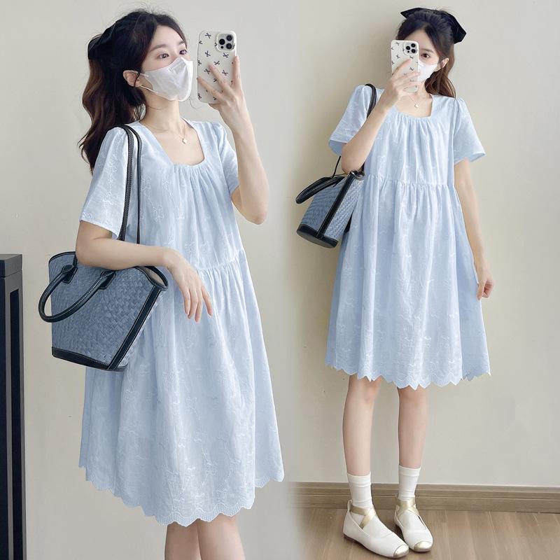 2026 Summer Lace Maternity Dress: Square Neck, Loose Fit, Plus Size, Simple Fashion 2XL