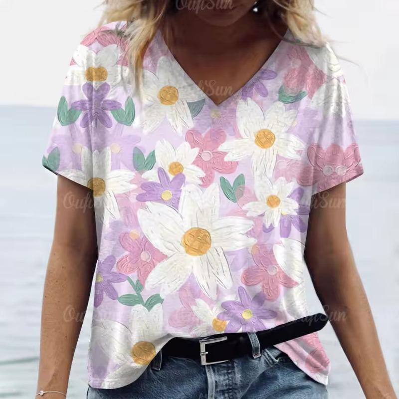 New Floral Print T-shirt for Women Summer V-Neck Casual Short Sleeve Tees Female Loose Streetwear Fashion Daily Clothing Tops Oversized Ladies Tops