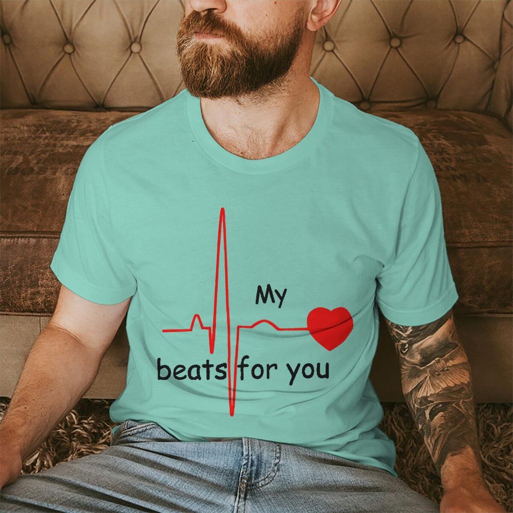 Couple Heart Beats for You Print T Shirt Causal Women Man Vintage Couples Matching Tshirt Short Sleeve Valentines Day Tees