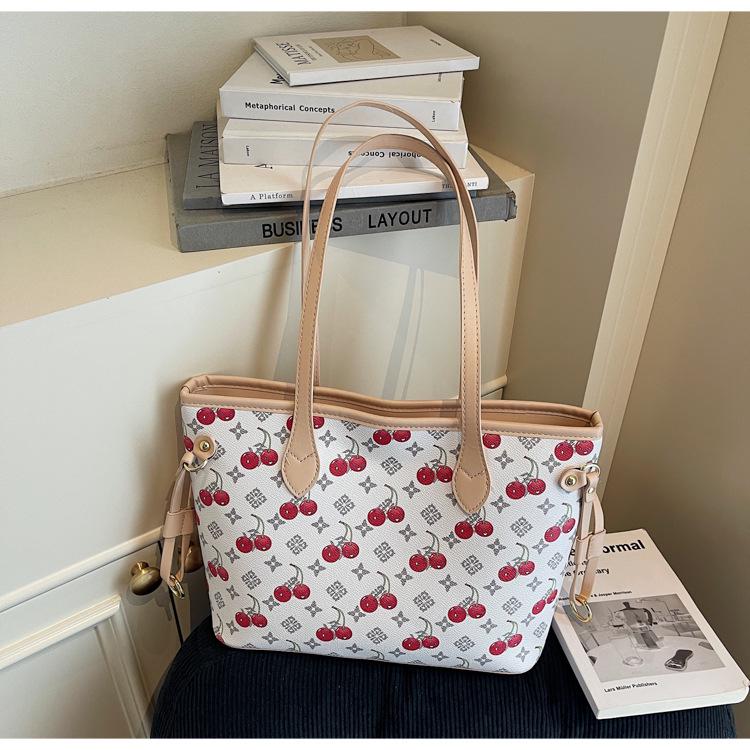 Cherry Print Denim Handbag - High-Quality, Large Capacity Commute Tote Shoulder Bag, 2025 Fashion.