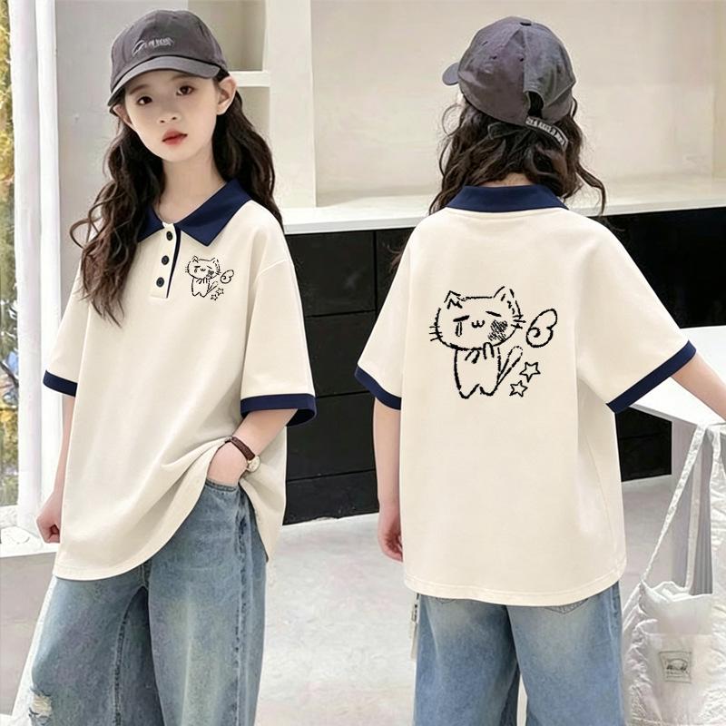 Trendy Girls' Cotton Polo Shirt - Summer 2026 Patchwork Lapel Short Sleeve Tee for Medium and Large Children