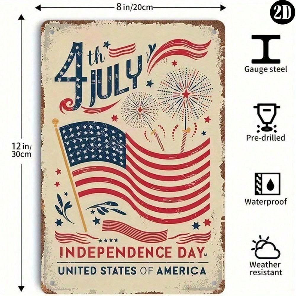 Vintage Metal Sign Patriotic Flag Firework Wall Decor for Home Office 20x30 Cm