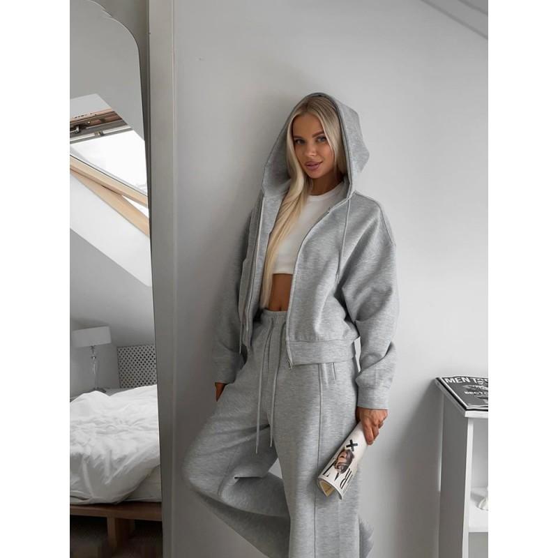 Womens Hooded Zip-Up Sporty Two-Piece Set With Drawstring Pants Casual Streetwear Outfit