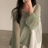 Spring Summer Long Sleeved Knitted Sunscreen Shirt See Through Retro Casual Simple Loose Hollow Out Thin Blouse V Neck Solid Color Top Clothing