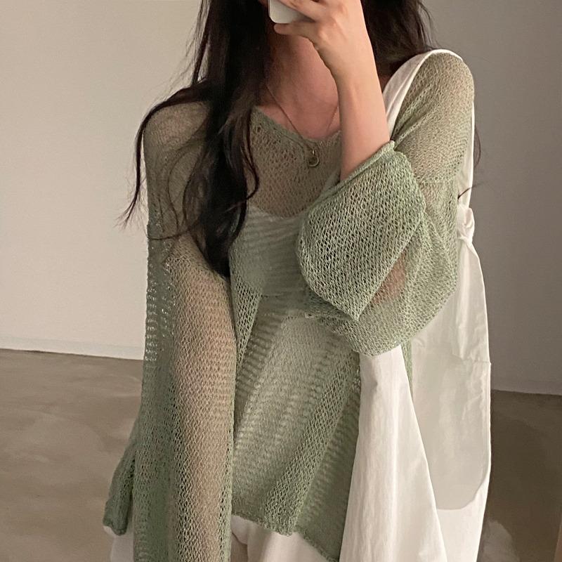 Spring Summer Long Sleeved Knitted Sunscreen Shirt See Through Retro Casual Simple Loose Hollow Out Thin Blouse V Neck Solid Color Top Clothing