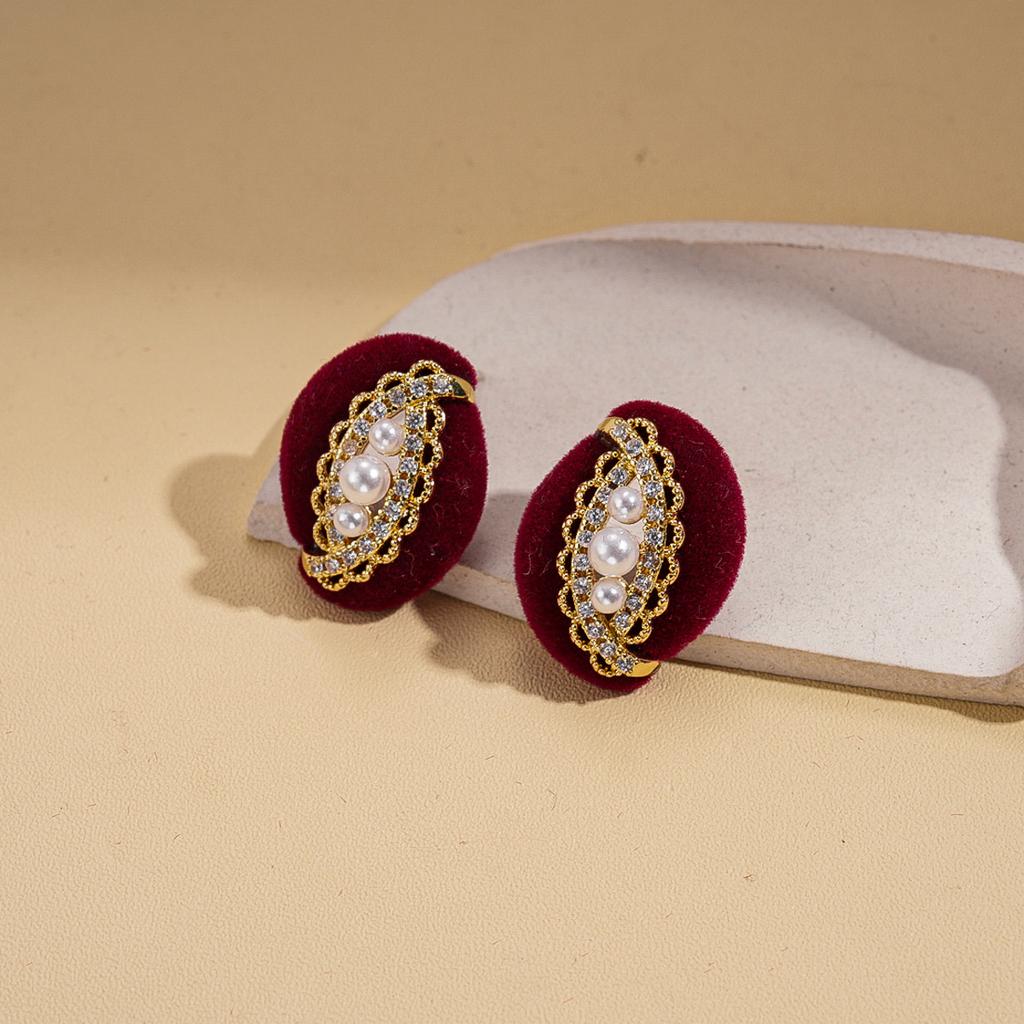 Wind Flocking Geometric Square Round Silver Needle Earrings Ankola Red Autumn and Winter Earrings