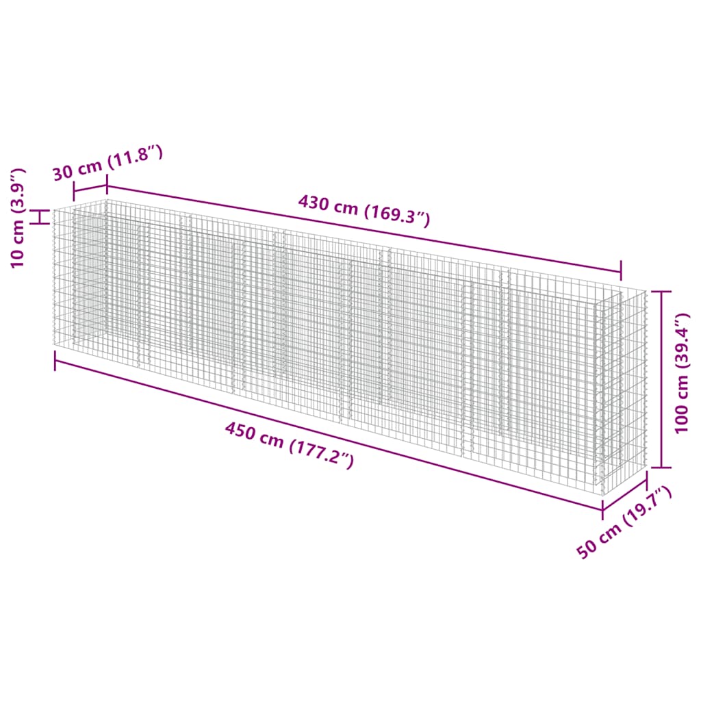 Vidaxl Raised Gabion Planter, Galvanized Steel, 450X50X100 Cm