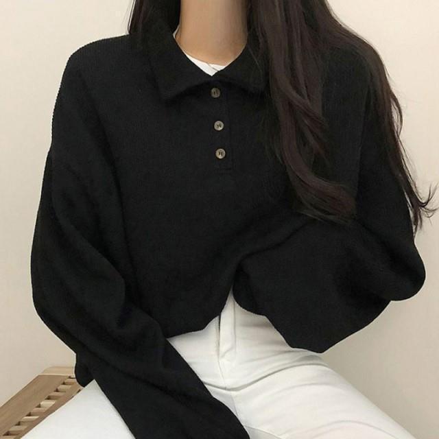 Autumn 2023 Women's College Style Long Sleeve Polo Sweatshirt - Age-Reducing Loose Fit