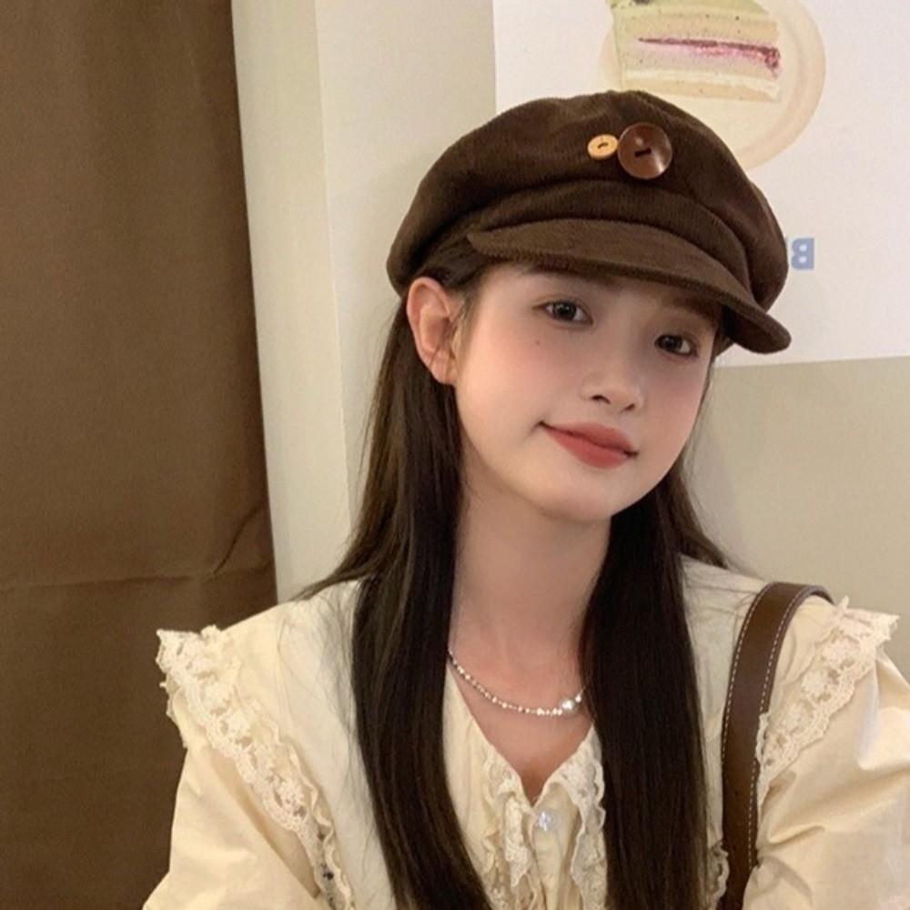 Japanese Double Button Berets Hat Harajuku Painter Hat Fashion Corduroy Baseball Cap  Sweet