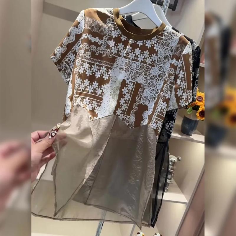 

Новая Модная Летняя Футболка Универсальная, С Круглым Вырезом, С Цветочным Узором, Сетчатая, С Разрезами, Сшитая, Средней Длины, С Коротким Рукавом, Женский Топ L