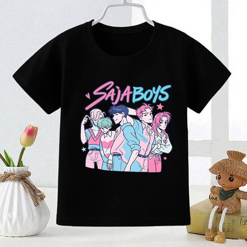 Kpop Łowcy Demonów Saja Chłopcy Nadruk Moda Dziecięcy T-shirt Dziewczęce Letnie Topy Ubranka dla Niemowląt Chłopców Czarne Dziecięce Koszulki z Krótkim Rękawem
