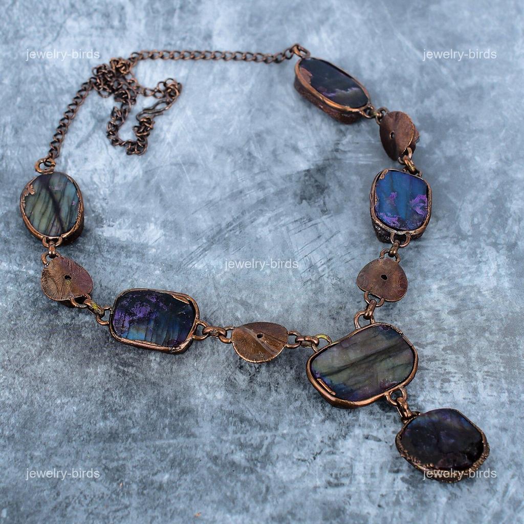 Labradorite Gemstone Copper Hook Chain Electroformed Engagement Necklace Jewelry VP-108