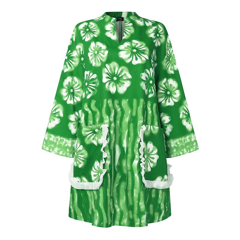 Plus Size Women Long Sleeve Floral Print Pockets Casual Loose Minig Dress