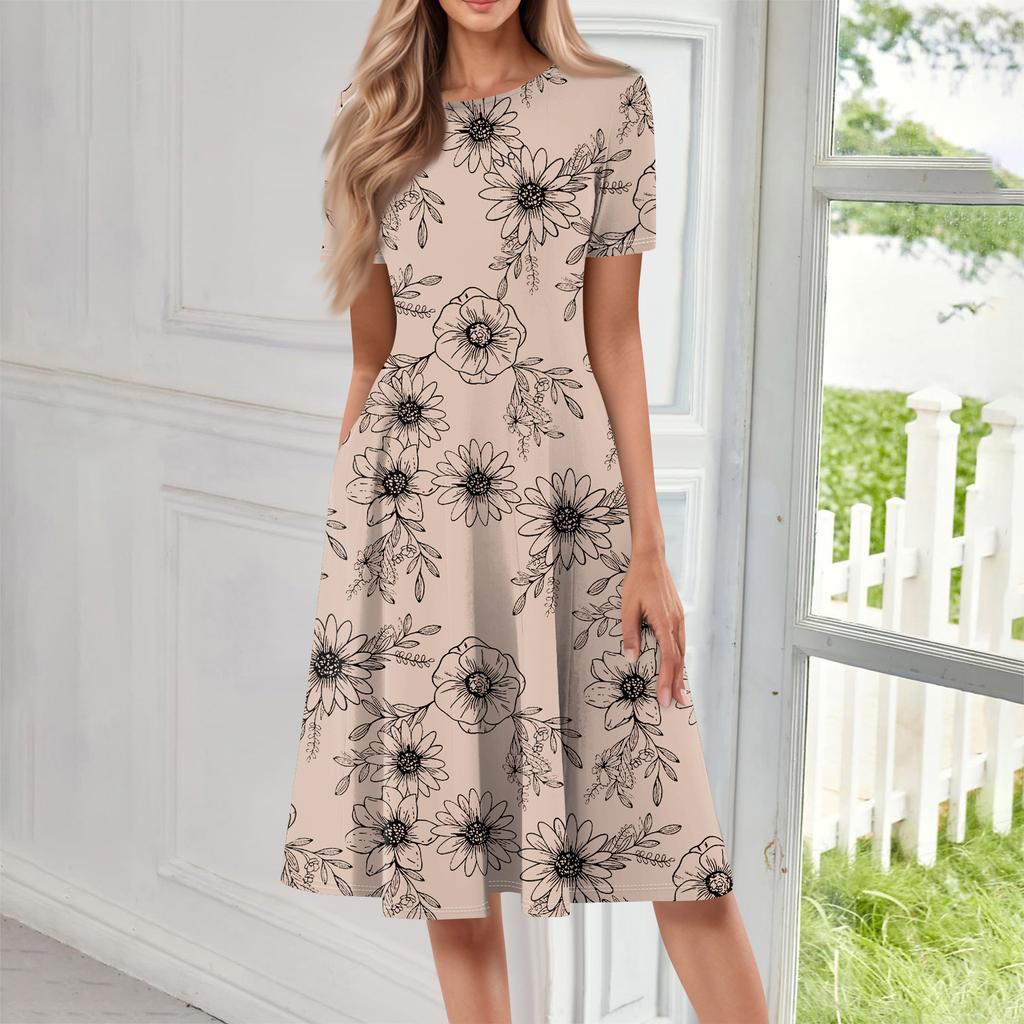 Kobiety Casualowa Sukienka Długa z Nadrukiem z Okrągłym Dekoltem